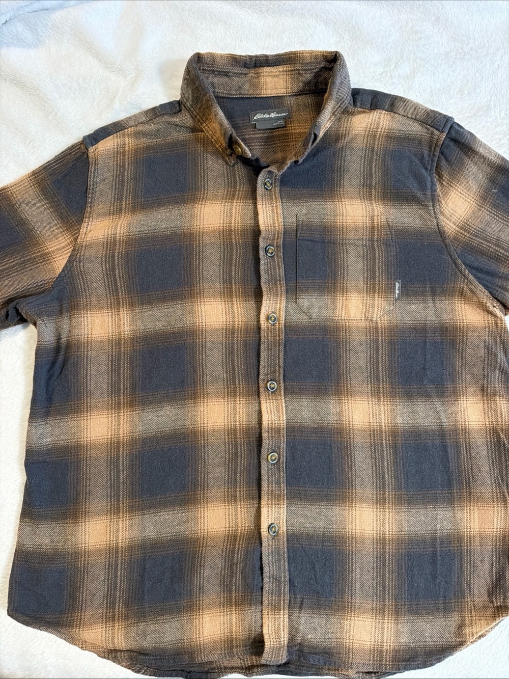 Eddie Bauer Tan and Black Plaid Button-Up Shirt